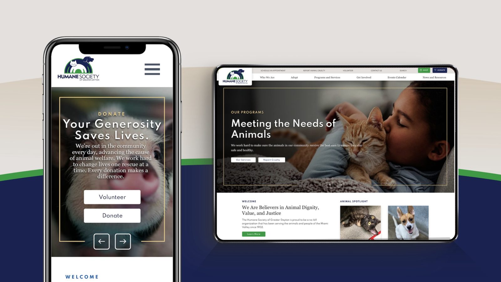 Humane Society of Greater Dayton website on mobile and tablet devices