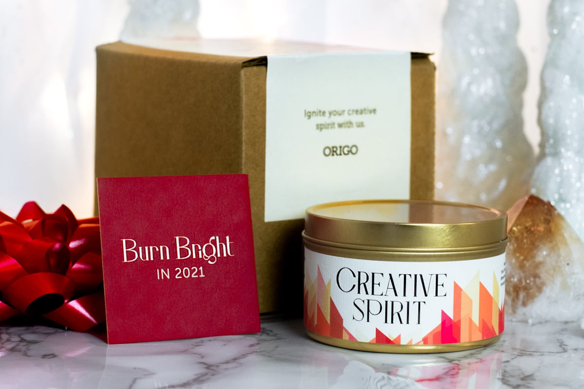 Creative Spirit candle, box and note