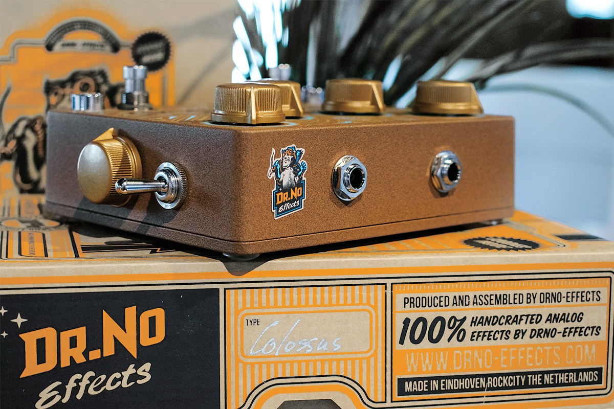 Detail of Colossus guitar effect pedal and box